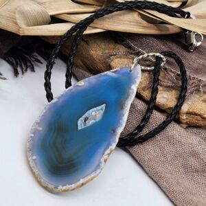 Large Chunky Pendant Natural Agate Stone Standard Black Cord